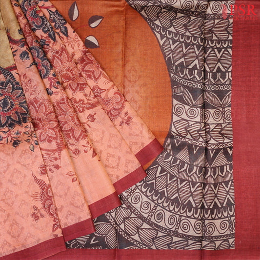 Salmon Peach & Musatrd Brown Kadhi Tussar Silk Saree