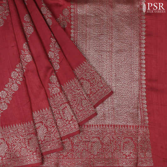 Dark Red Banaras Jute Silk Saree