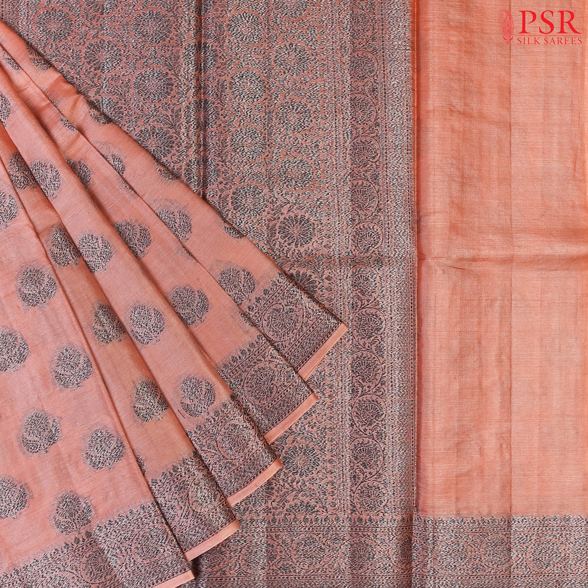 Coral Peach Banaras Tussar Silk Saree