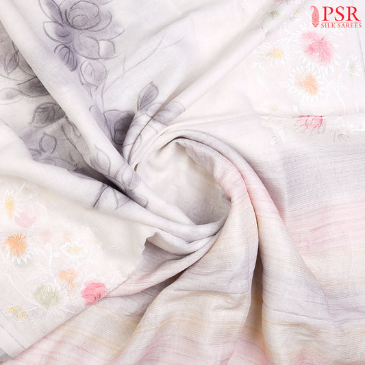 Floral White Pure Linen Embroidery Saree