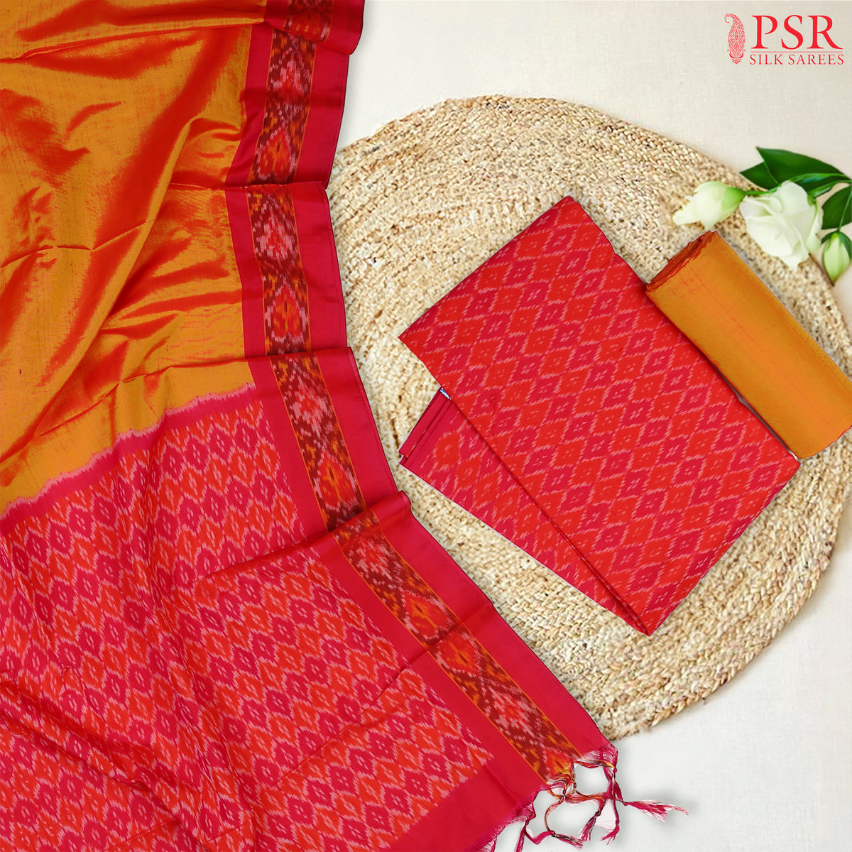 Red & Dark Pink Pochampally Silk Cotton Dress Material