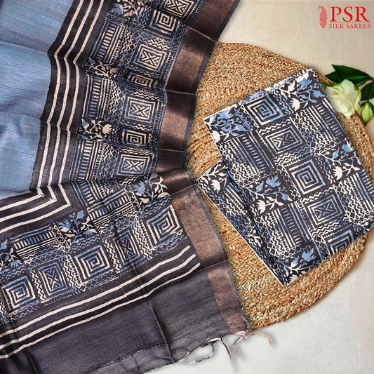 Grey & Prussian Blue Kadhi Tussar Silk Dress Material