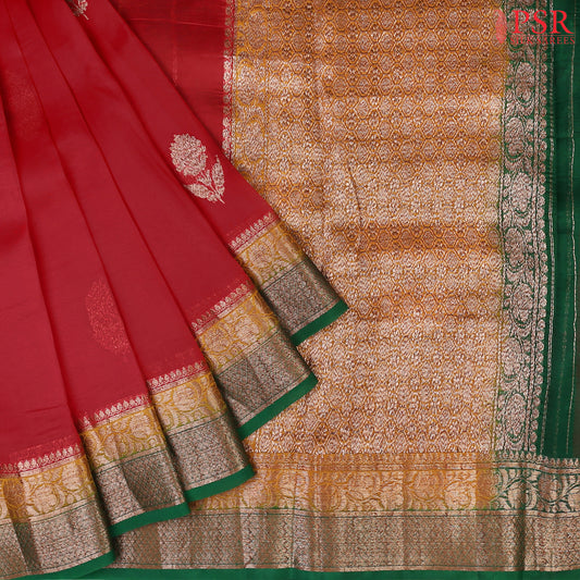 Carmine Red Kora Banaras  Silk Saree