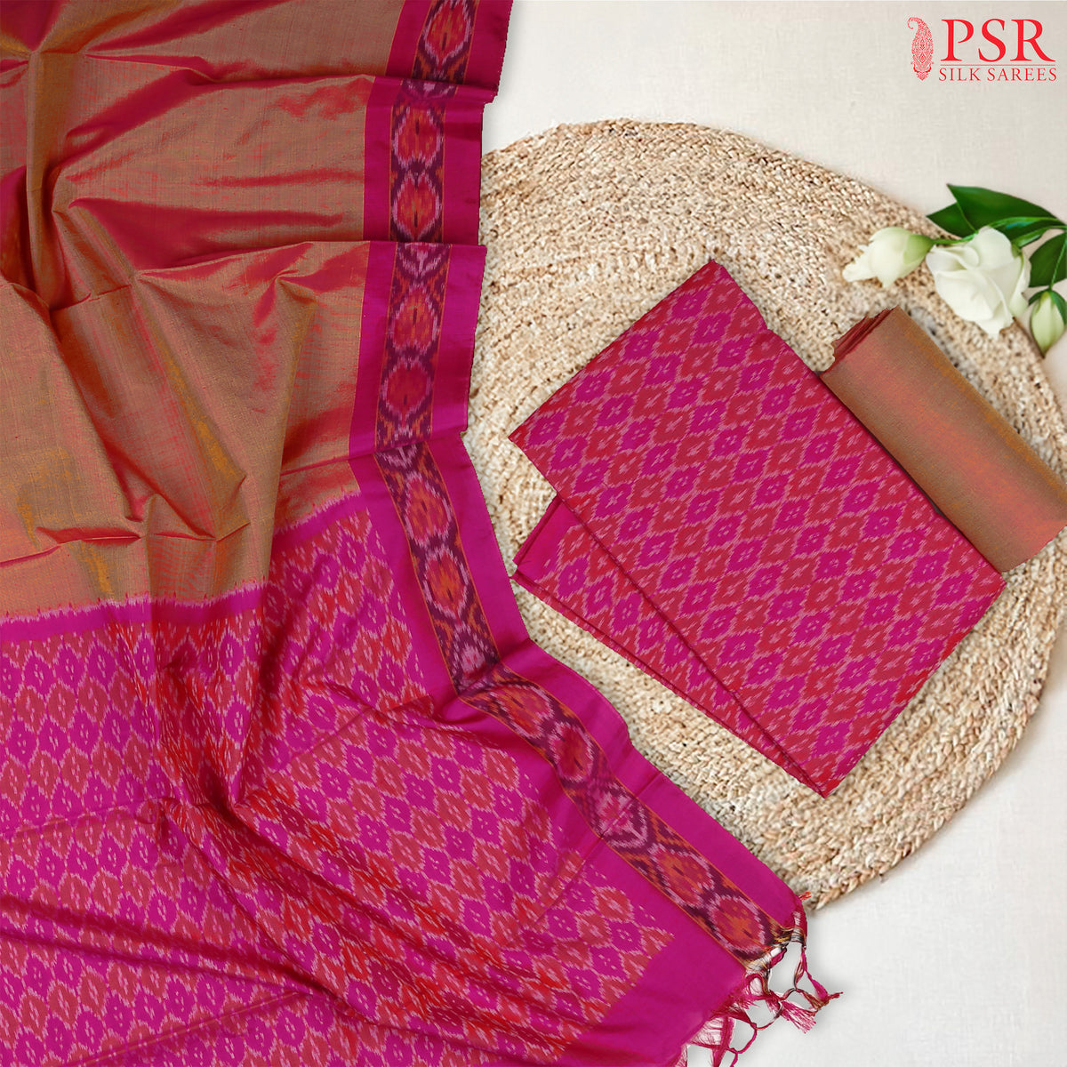 Crimson & Magenta Pochampally Silk Cotton Dress Material