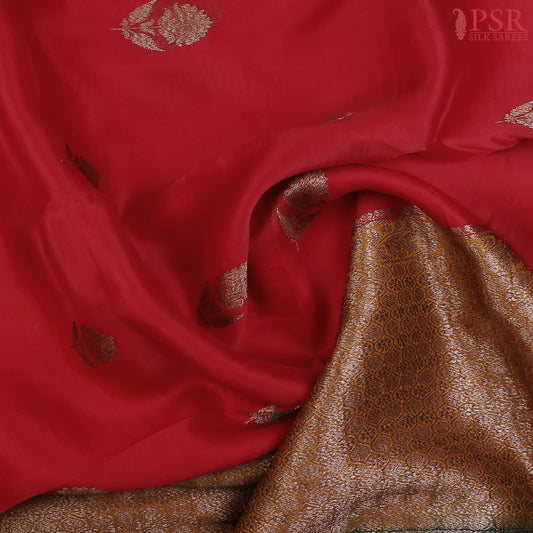 Carmine Red Kora Banaras  Silk Saree