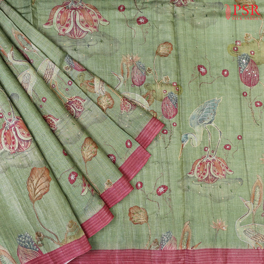 Asparagus Green Kadhi Tussar Silk Saree