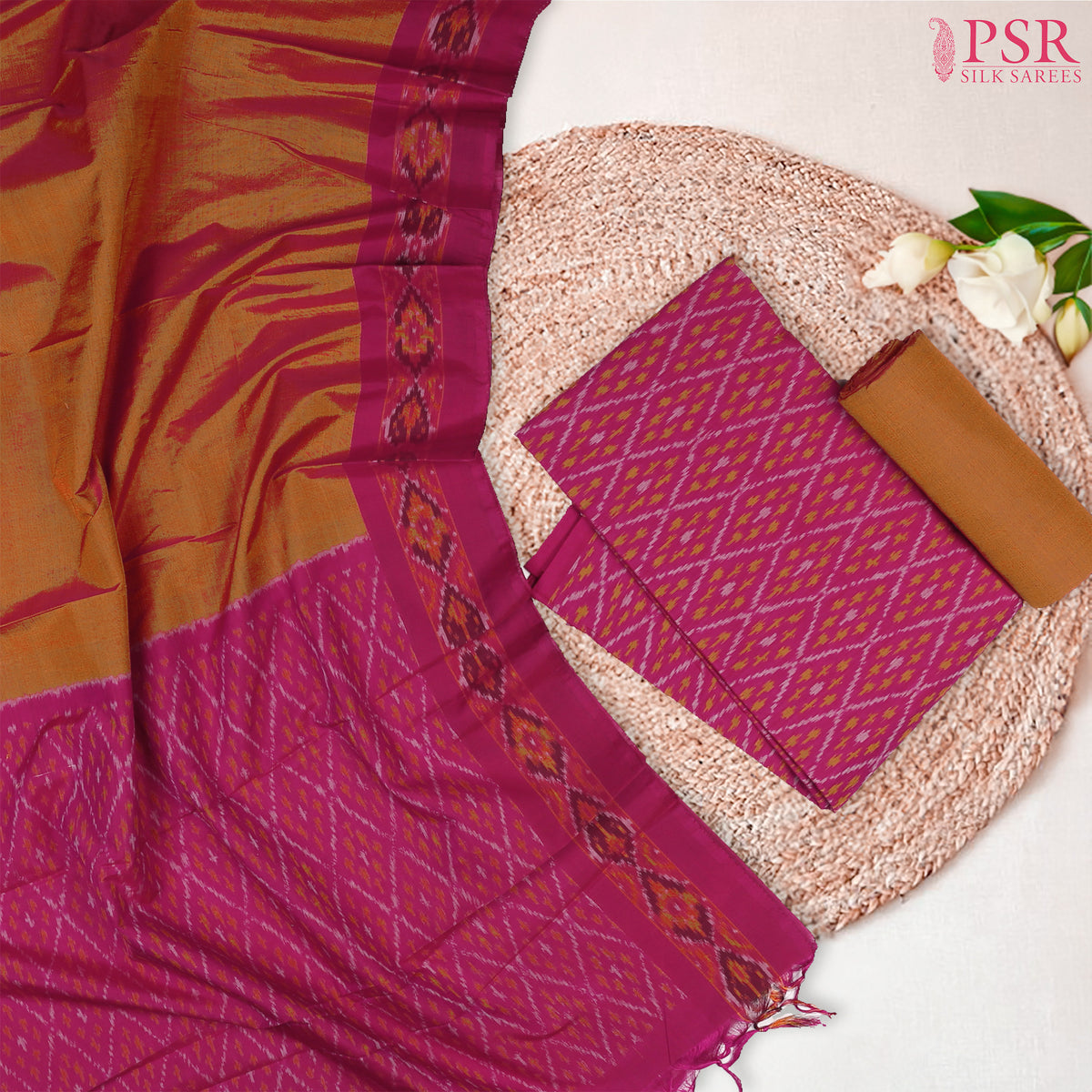 Dark Magenta & Dark Mustard Pochampally Silk Cotton Dress Material