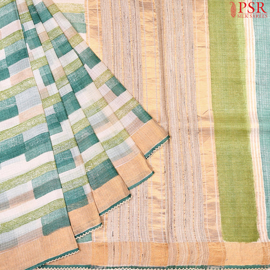 Beige & Green Kota Tussar Silk Saree