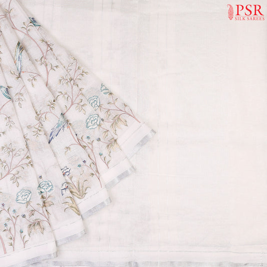 Floral White Pure Linen Embroidery Saree