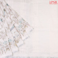 Floral White Pure Linen Embroidery Saree