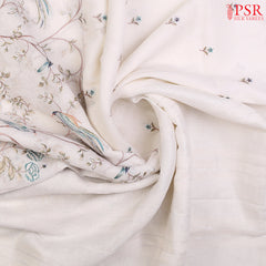 Floral White Pure Linen Embroidery Saree