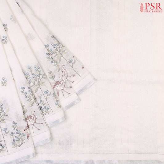 Floral White Pure Linen Embroidery Saree