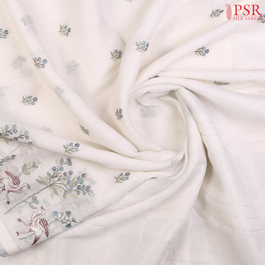 Floral White Pure Linen Embroidery Saree