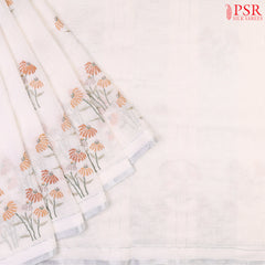 Floral White Pure Linen Embroidery Saree