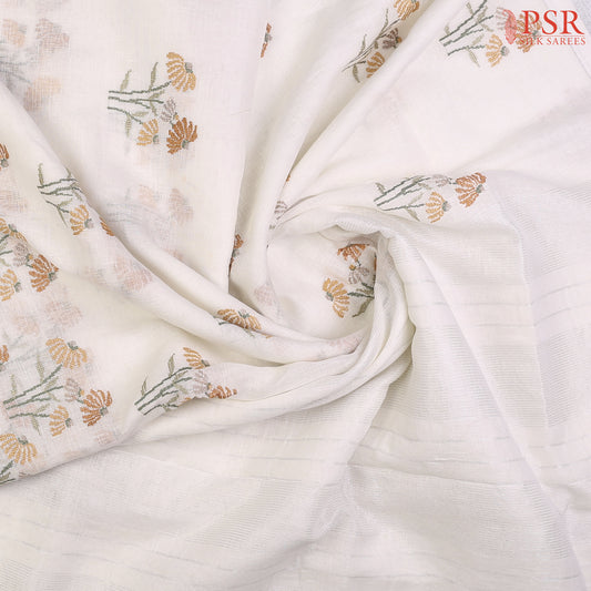 Floral White Pure Linen Embroidery Saree