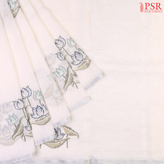 Floral White Pure Linen Embroidery Saree