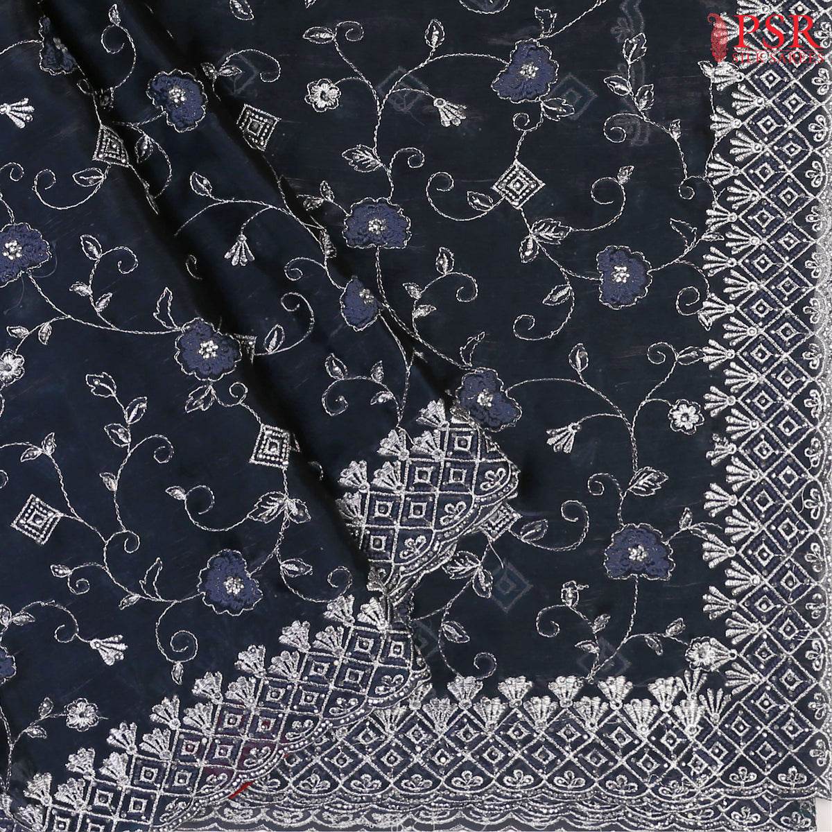 Midnight Blue Organza Laser Embroidery Saree