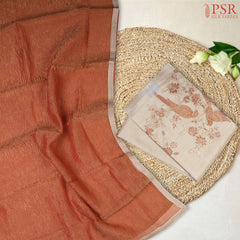 Beige & Fiery Orange Tussar Silk Dress Material