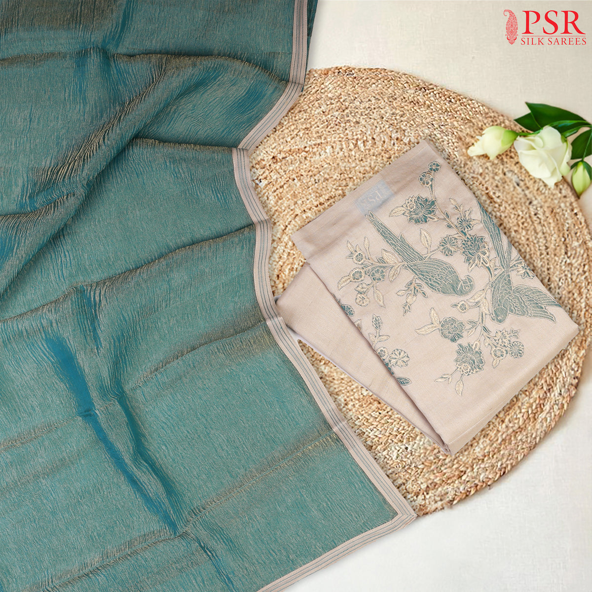 Beige & Dark Turquoise Tussar Silk Dress Material