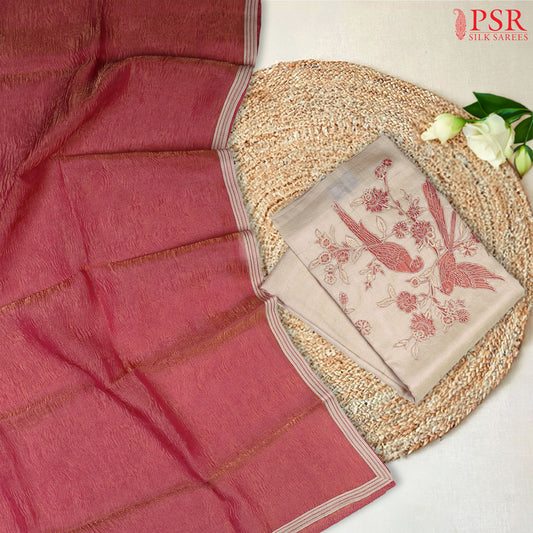 Beige & Dark Pink Tussar Silk Dress Material