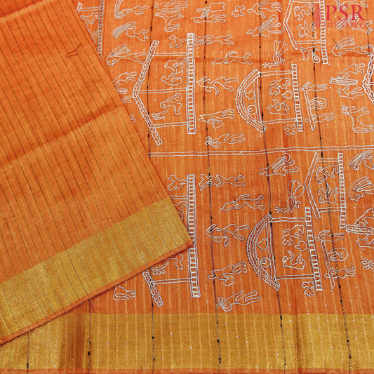 Orange Dupion Embroidery Saree