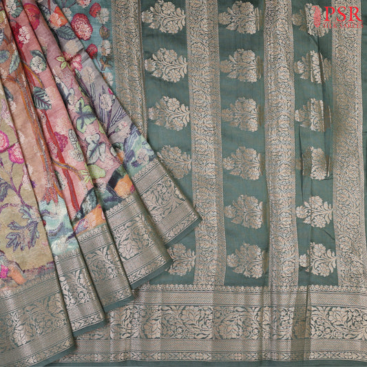 Turquoise Grey Chiniya Silk Saree