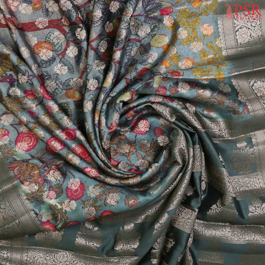 Turquoise Grey Chiniya Silk Saree