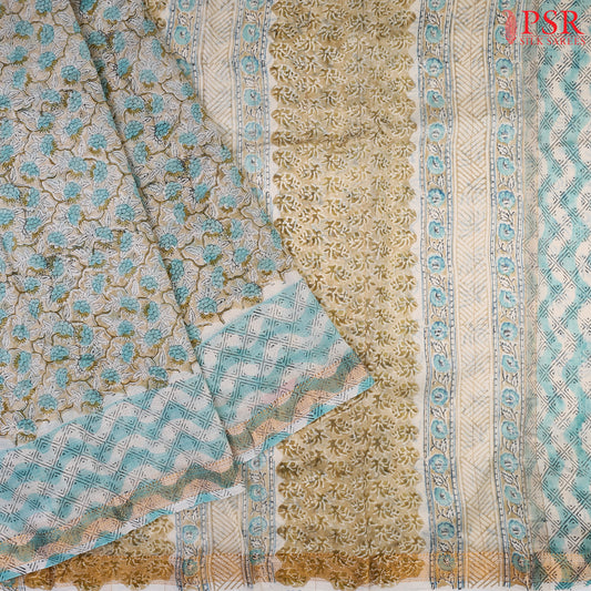 Grey & Turquoise Chanderi Silk Cotton Saree