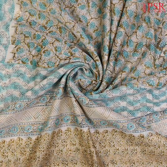 Grey & Turquoise Chanderi Silk Cotton Saree