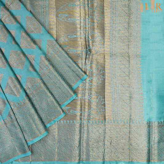 Coral Turquoise Banaras Tussar Silk Saree