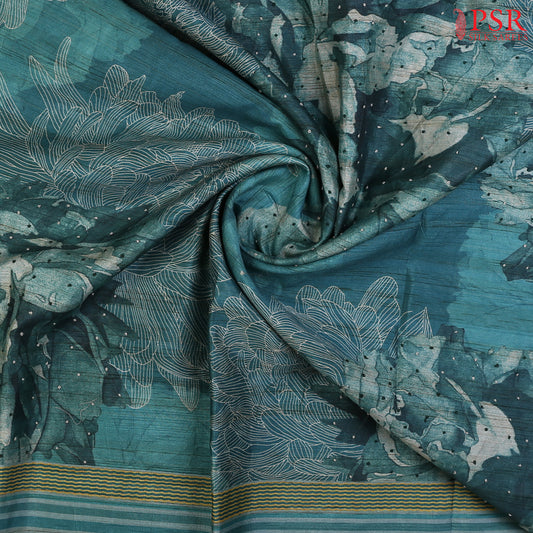 Teal Blended Dupion French Embroidery Knot Saree