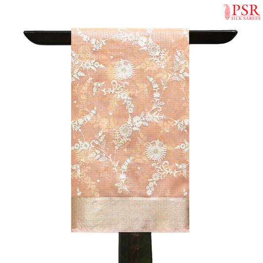 Light Melon Pink Tissue Embroidery Saree