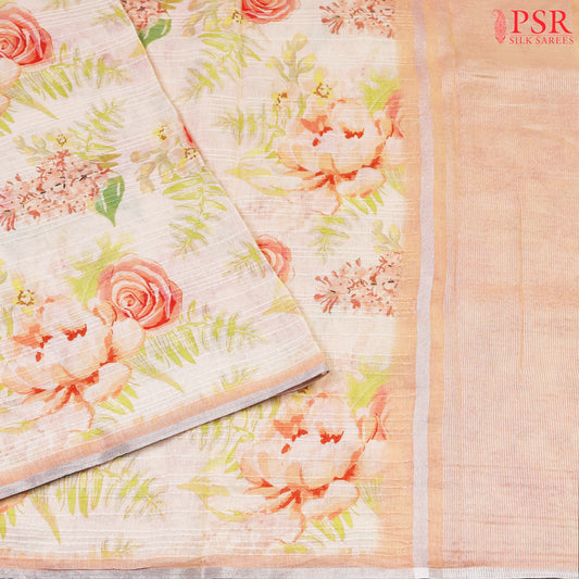 Floral Beige Pure Linen Saree