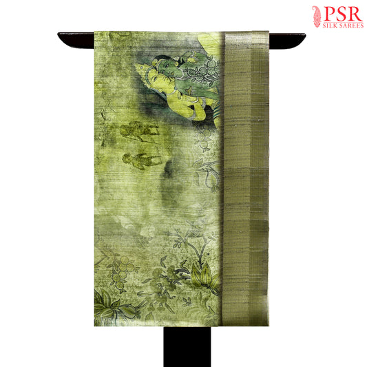 Green Medieval Paintings Dupion Saree