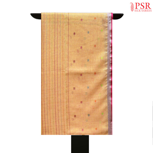 Cantaloupe Peach Cotton Linen Saree