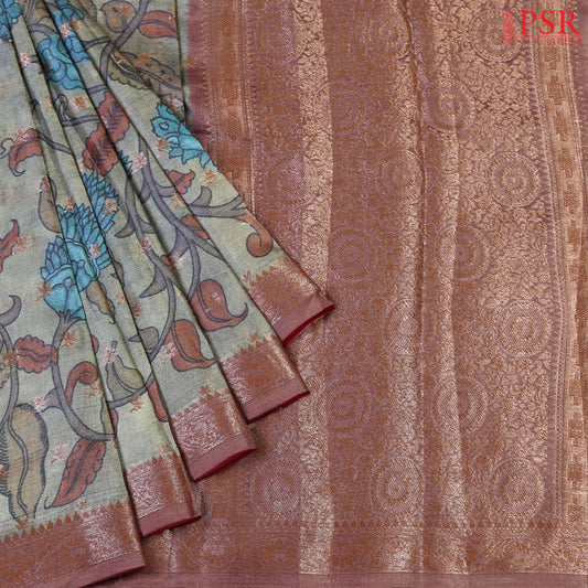 Spring Rain Green Banaras Kalamkari Tussar Saree