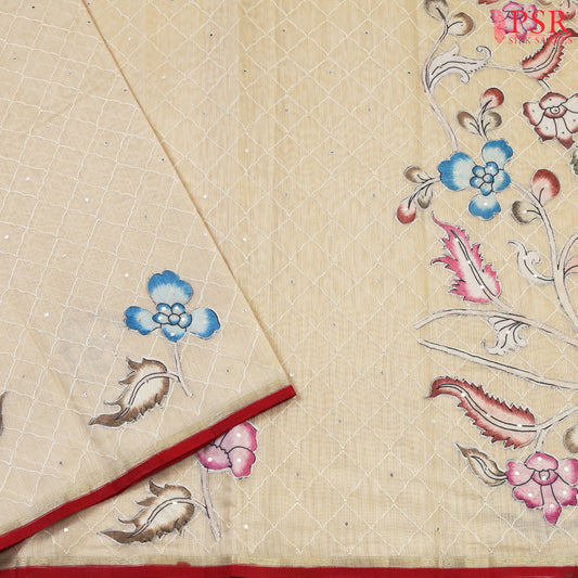 Beige Silk Cotton Cutwork Saree