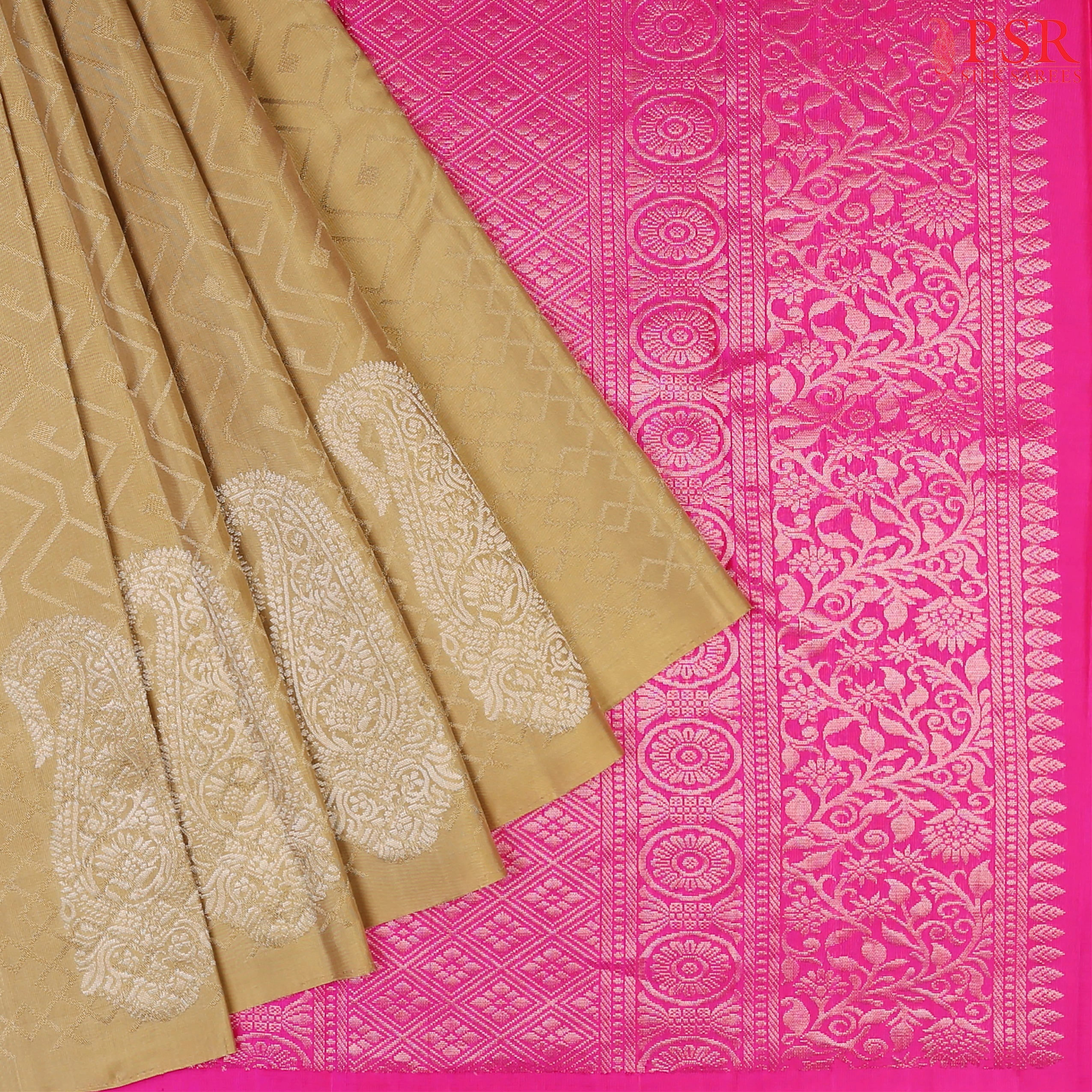 Khaki Soft Silk Saree with Trellis Thread Work, Silver Zari Paisley Border & Queen Pink Pallu – PSR Silks