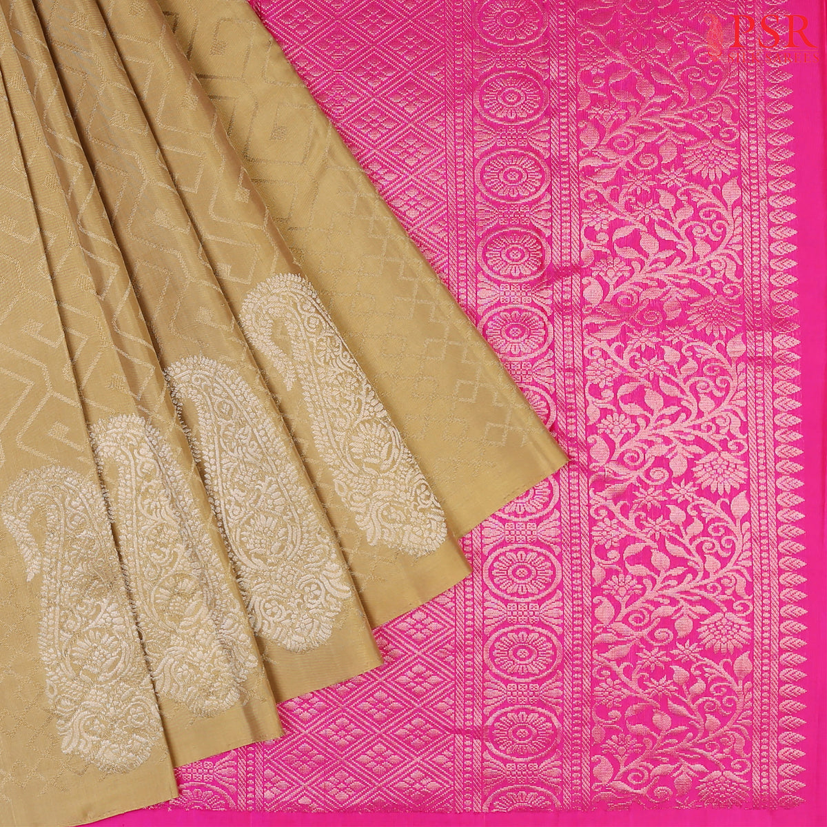 Khaki Soft Silk Saree with Trellis Thread Work, Silver Zari Paisley Border & Queen Pink Pallu – PSR Silks