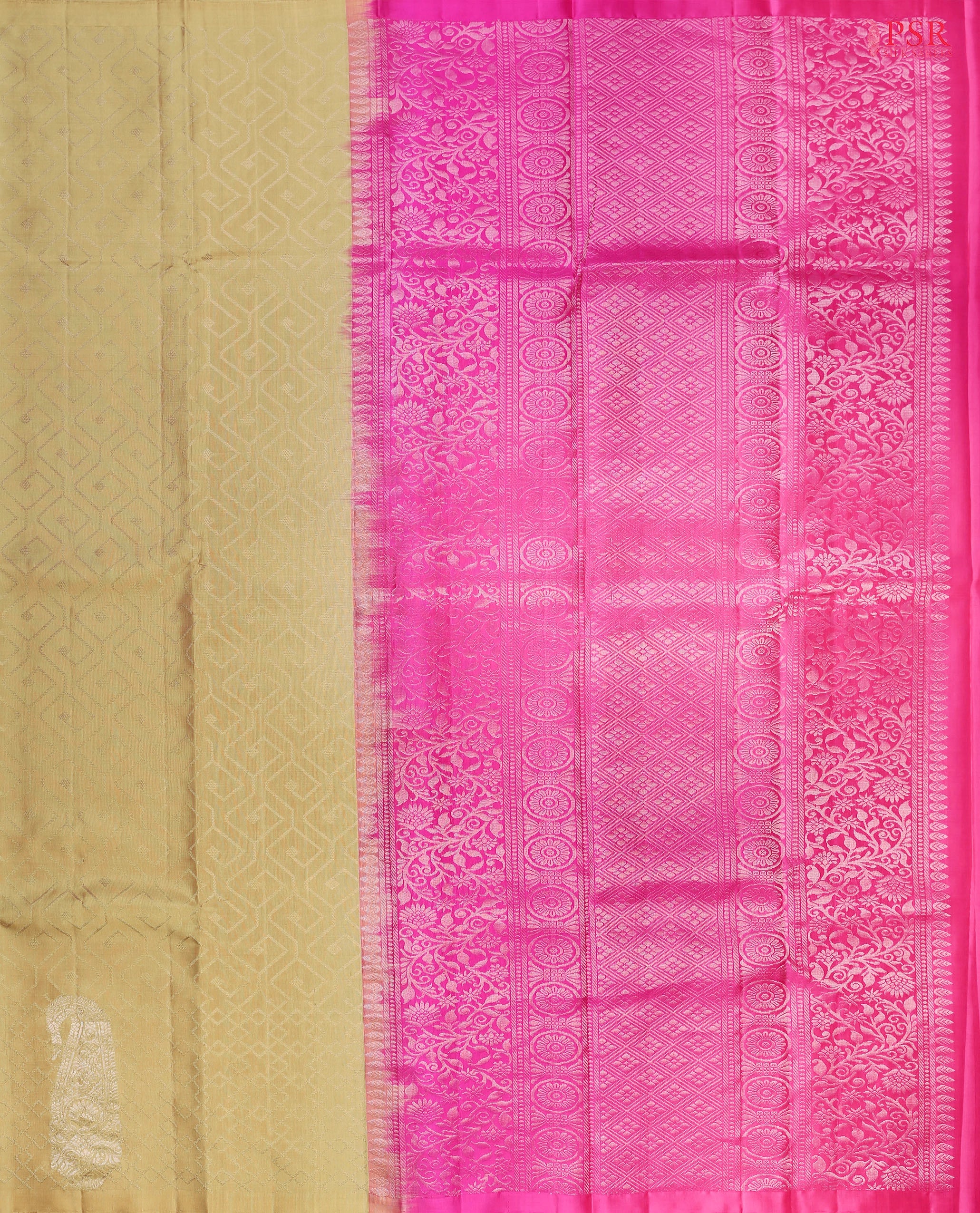 Khaki Soft Silk Saree with Trellis Thread Work, Silver Zari Paisley Border & Queen Pink Pallu – PSR Silks