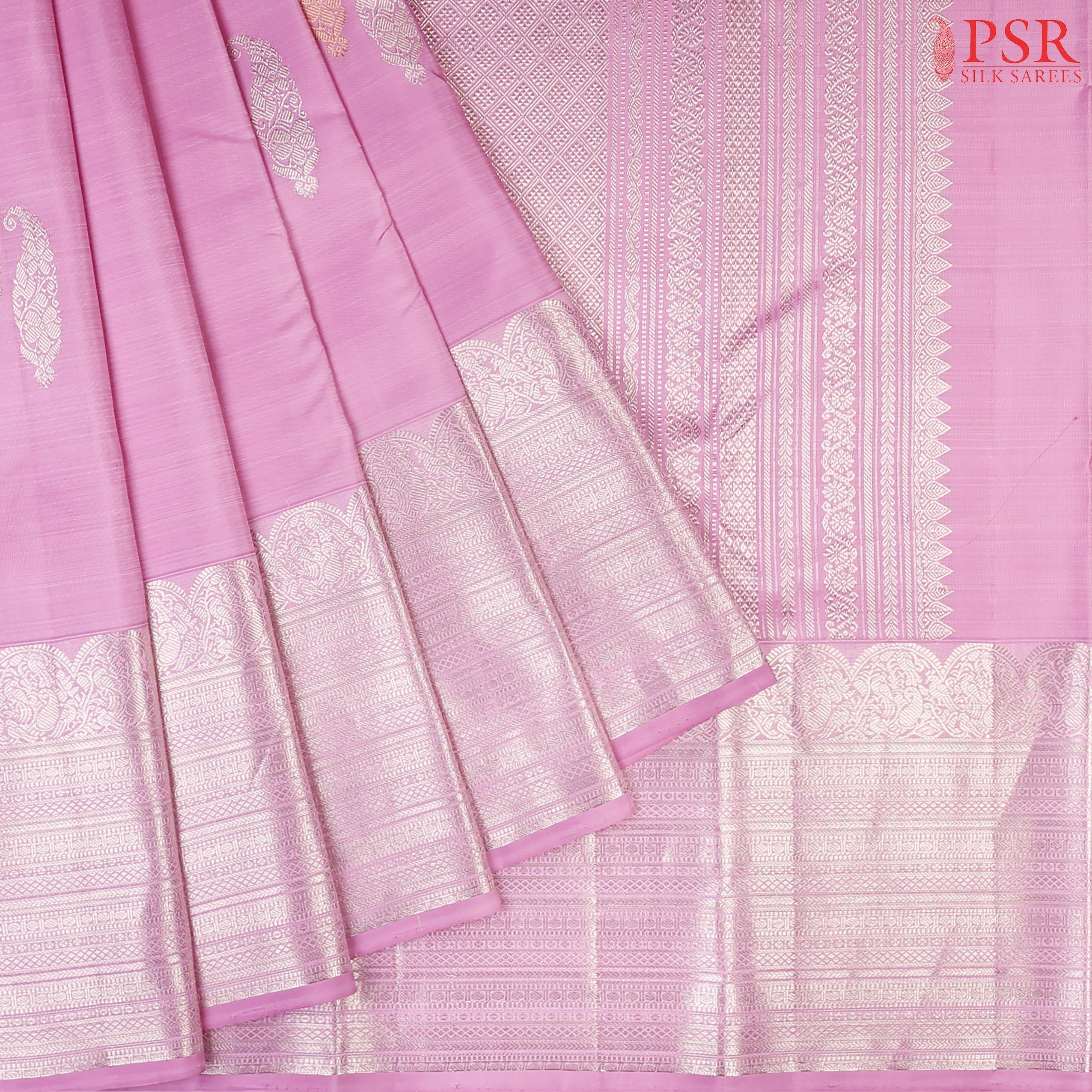 Kobi Pink Kanchipuram Silk Saree with triple paisley motifs in copper & silver zari, rich silver zari pallu, grand silver zari border, and a matching blouse