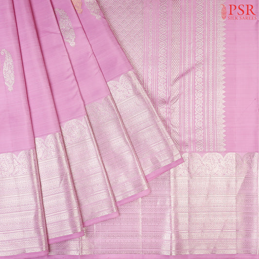 Kobi Pink Kanchipuram Silk Saree with triple paisley motifs in copper & silver zari, rich silver zari pallu, grand silver zari border, and a matching blouse