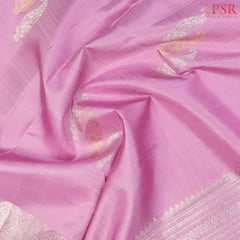 Kobi Pink Kanchipuram Silk Saree with triple paisley motifs in copper & silver zari, rich silver zari pallu, grand silver zari border, and a matching blouse