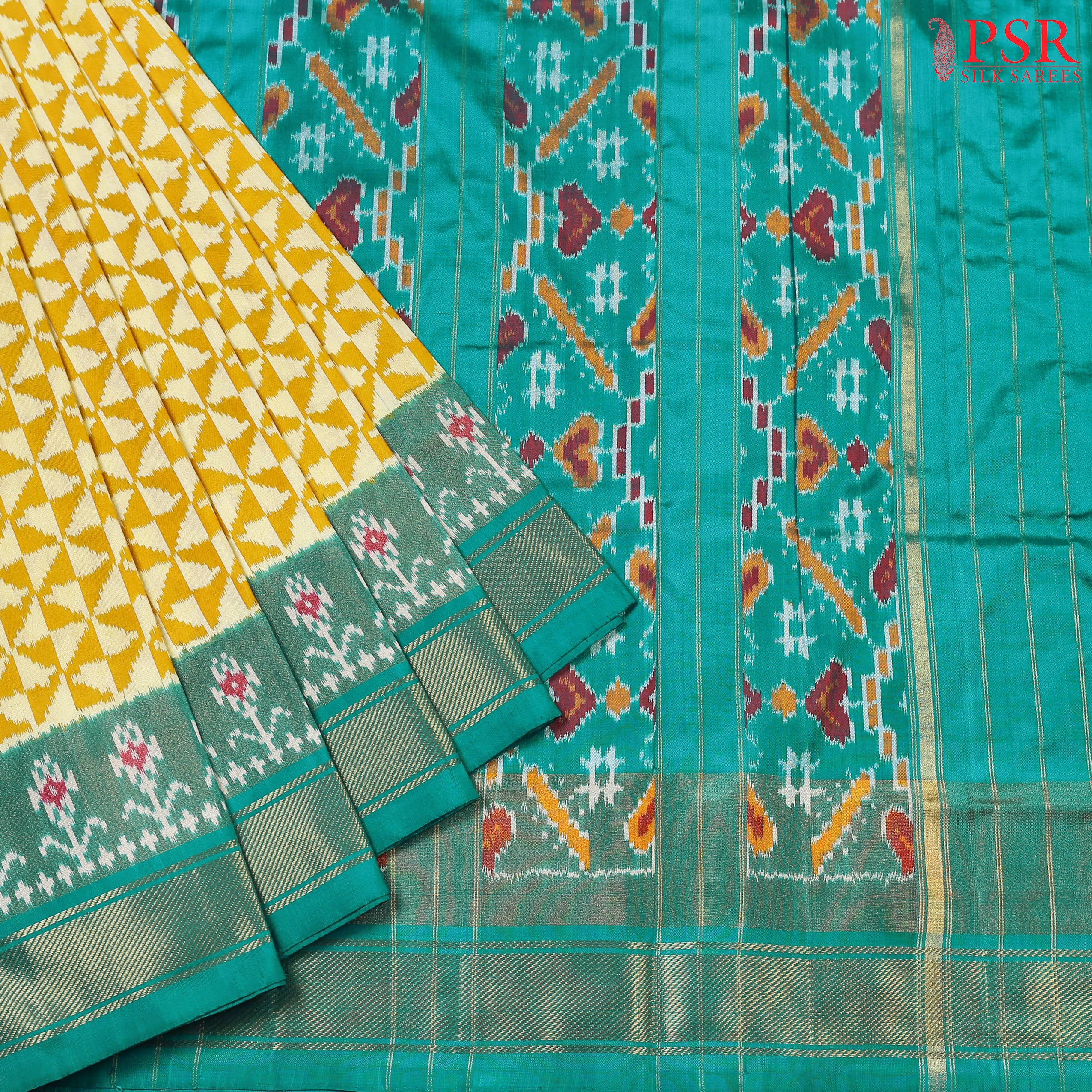 Illuminate Your Style with PSR Silks' Lemon &amp; Mustard Yellow Pochampally Ikat Silk Saree