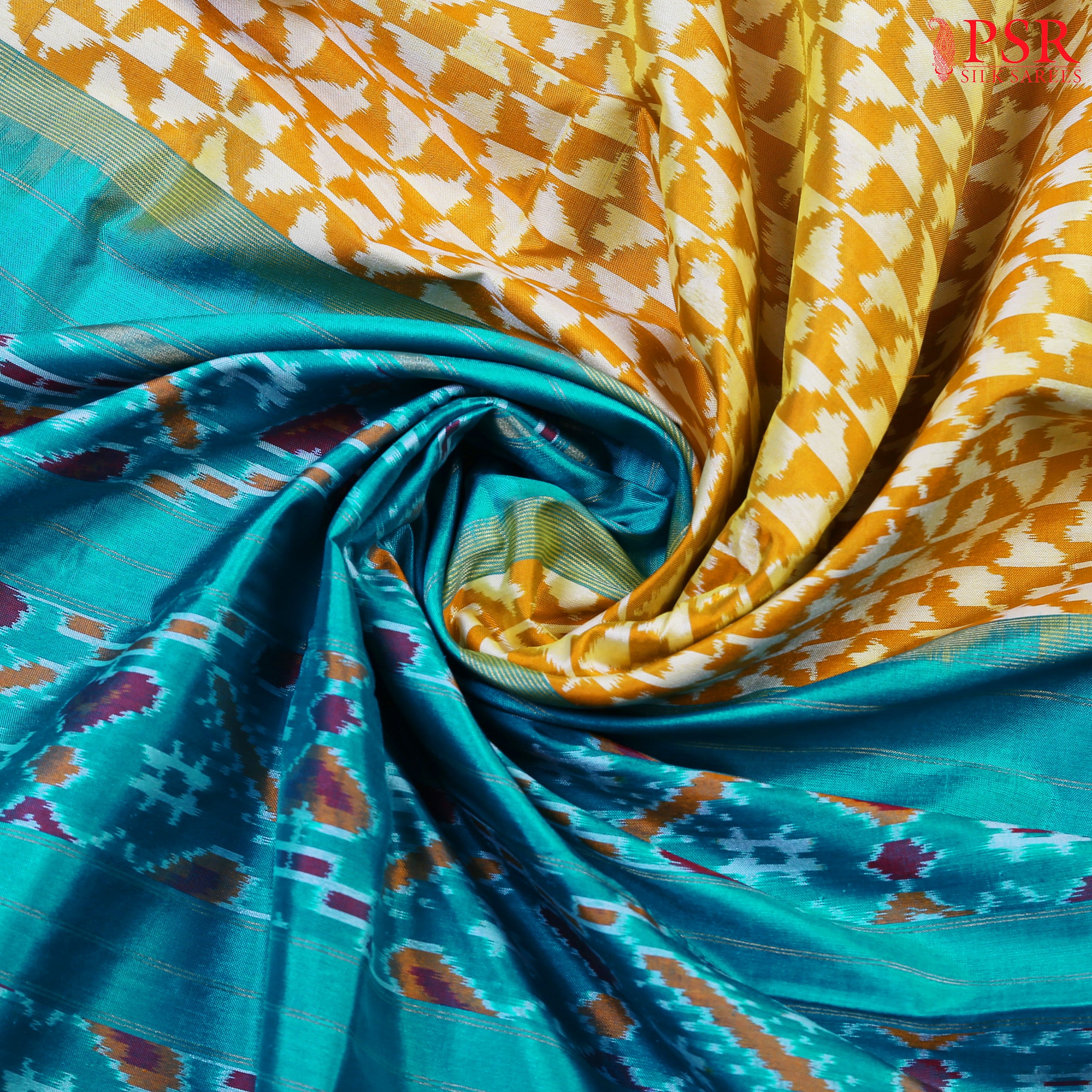 Illuminate Your Style with PSR Silks' Lemon &amp; Mustard Yellow Pochampally Ikat Silk Saree