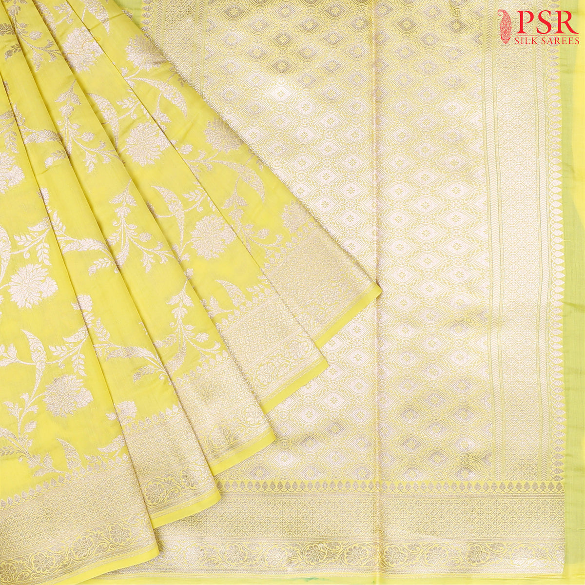  Brighten up your wardrobe with our Lemon Yellow Chiniya Silk Saree, beautifully contrasted with Dark Green accents. 