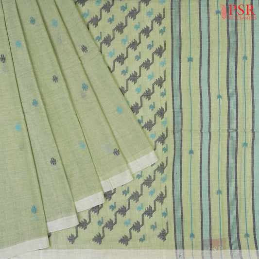 Light Asparagus Green Byloom Cotton Saree with Blue & Black Thread Work and an Impressive Thread Work Pallu – PSR Silks