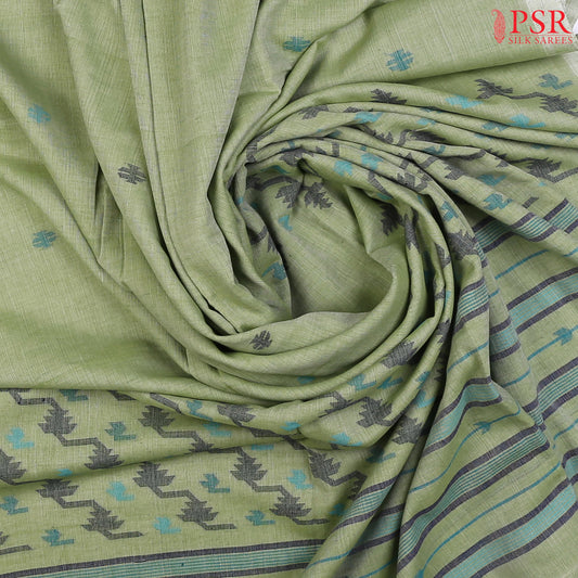 Light Asparagus Green Byloom Cotton Saree with Blue & Black Thread Work and an Impressive Thread Work Pallu – PSR Silks