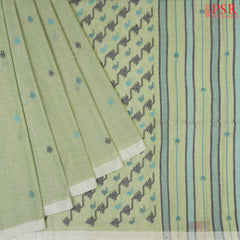 Light Asparagus Green Byloom Cotton Saree with Blue & Black Thread Work and an Impressive Thread Work Pallu – PSR Silks