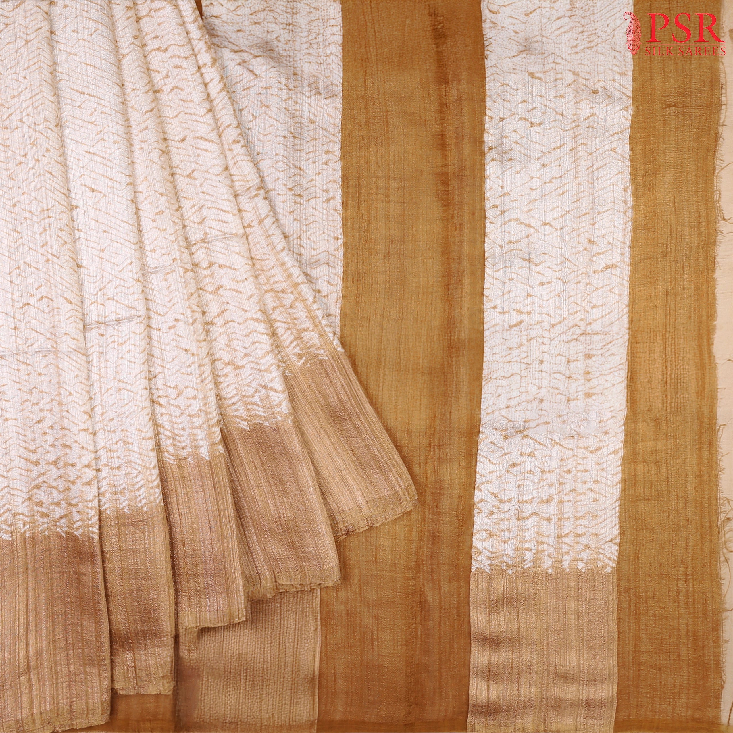 Light Beige Kadhi Tussar Silk Saree with designer prints, featuring a striped French Beige pallu, plain blouse, and matching border.